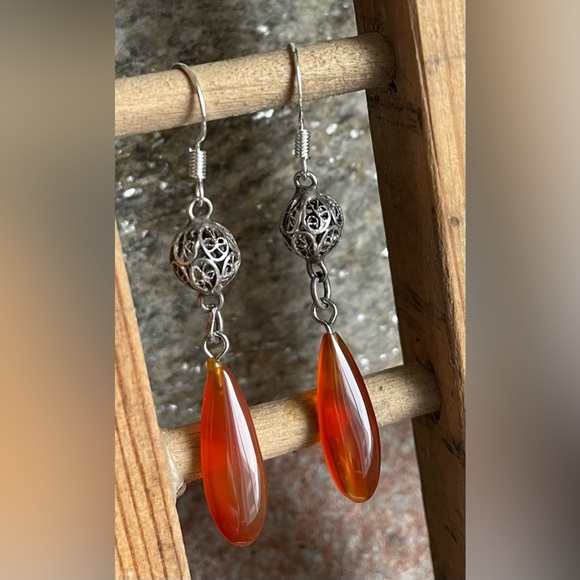 Silver & Carnelian bohemian dangling earrings, vintage - Picture 8 of 8